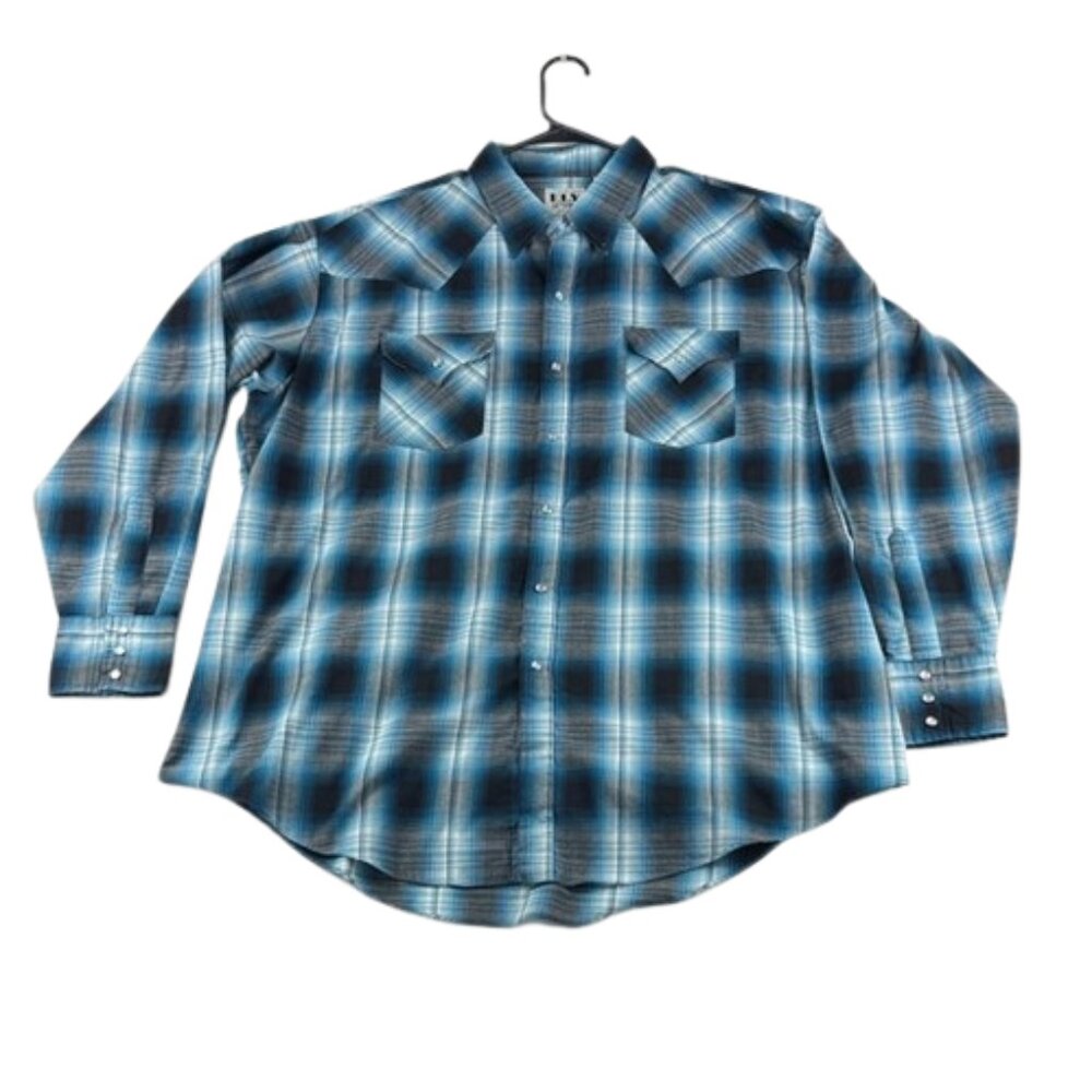 Ely Cattleman Western Pearl Snap Shirt White Blue Black Stripe Size XXL
